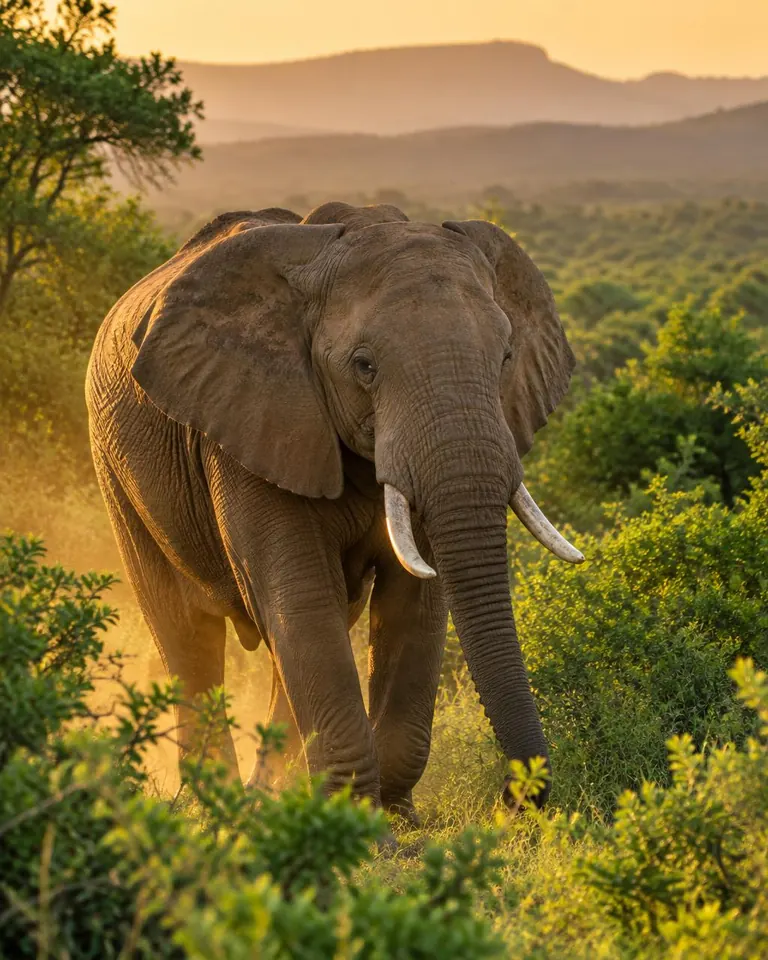 An elephant walking through green bushveld at golden hour (illustrative image)