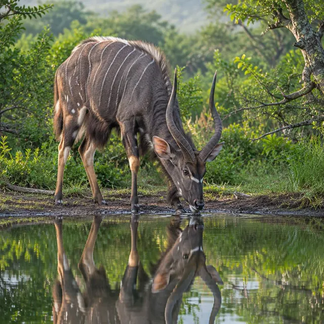 A nyala antelope drinking at a waterhole (illustrative image)